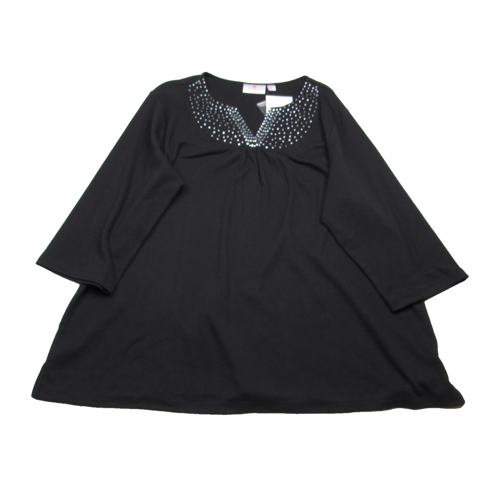 Quacker Factory Womens Sparkle Ruched Split V-Neck T-shirt 2X Black Top